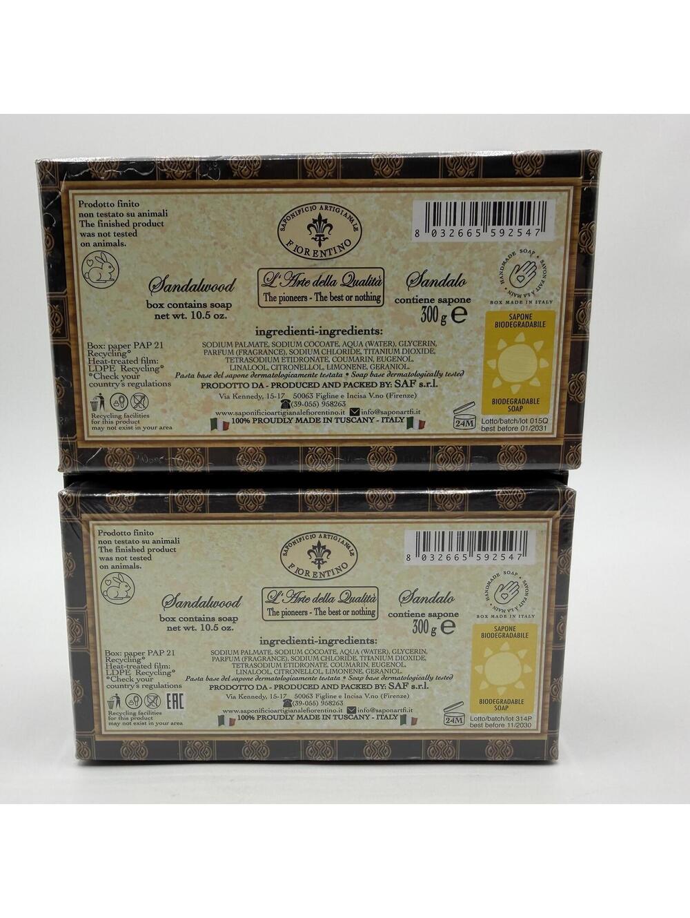 Saponificio Artigianale Fiorentino Soap Sandalwood Scent Italy 10.5oz - 2 Pack - Picture 2 of 5